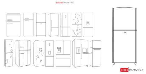 Fridge  Outline illustration of double door fridge vector icon for web design isolated on white background. Refrigerator drawing. Line isolated on clean Vector. Set single-door and Double door fridge
