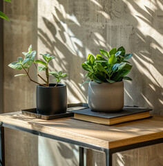 potted plant on a wooden table with book and plant, in the style of precisionist lines, light gray and black, light green and dark gray, dark gray and green, steel/iron frame construction, light brown