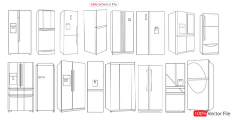 Set single-door and Double door fridge icons. Outline illustration of double door fridge vector icon for web design isolated on white background. Refrigerator drawing. Line isolated on clean Vector
