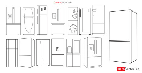 Big Set Double door fridge outline icon vector. Double-door fridge outlines isolated white background. Vector Illustration.  reezer vector outline set icon. Isolated outline set icon freezer .
