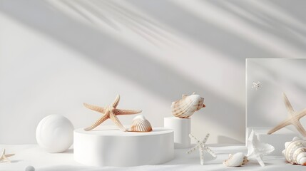 Minimalist White Podium with 3D Summer Motifs and Scattered Seashells and Starfish for Elegant Cosmetic Display