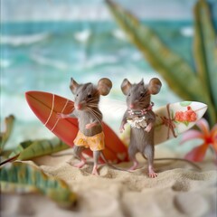 Two mice wearing swimsuits and carrying surf boards, Generative AI