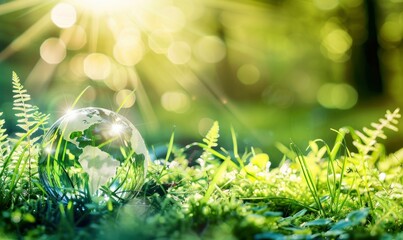 An magical forest with lush vegetation and sunlight peeping through the trees, with a glass globe perched on the grass - obrazy, fototapety, plakaty