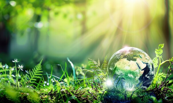 An magical forest with lush vegetation and sunlight peeping through the trees, with a glass globe perched on the grass