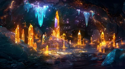 Poster A Cave Filled with Glowing Crystals Radiating the Power to Grant Wishes in D Style © Wuttichai
