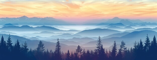 a broad picture of the mountain range at dusk, with clouds and a forest in front of it - obrazy, fototapety, plakaty
