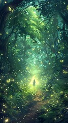 A Journey through an Enchanted Forest at Dusk Illuminated by the Rhythm of a Beating Heart and Glowing Fireflies