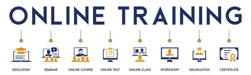 Online training banner website icons vector illustration concept of with an icons of education, seminar, online course, online test, online class, workshop, graduation, certificate on white background