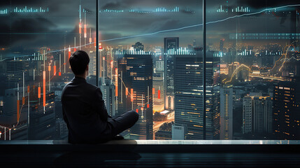 Business Man Watching Stock Market in the Future Futuristic Fluctuating Rising Falling Stocks Finance Investment