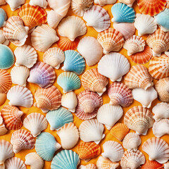 Bright colorful summer background from scallop sea shells