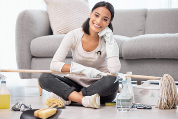 Cleaning, portrait and woman in home relax for housework, housekeeping and domestic chores for...