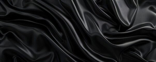 Waves and folds on a black silk satin background. - obrazy, fototapety, plakaty