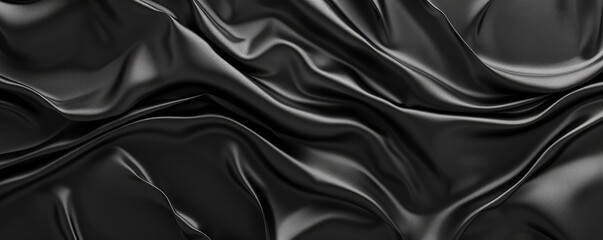 Waves and folds on a black silk satin background. - obrazy, fototapety, plakaty