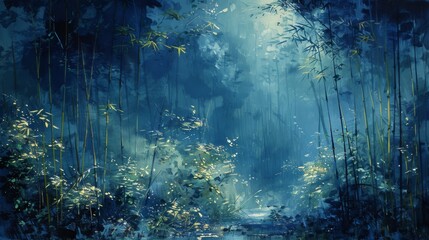 Mystical bamboo forest with ethereal light and artistic color palette in a serene environment - obrazy, fototapety, plakaty