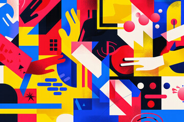 A layered geometric elements in primary colors, symbolizing the fundamental values and principles underpinning the American presidential elections. Include symbolic representations of liberty.
