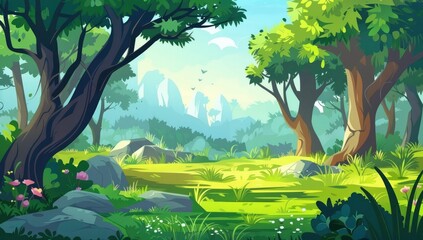 Illustration of a cartoon woodland background with greenery, trees, and rocks