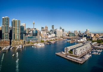 Fototapeta na wymiar Sydney, Australia: Aerial view of the newly developed Darling Harbor business and entertainment district in Sydney on a sunny day.