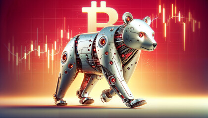 walking robot bear with symbol bitcoin on abstract red charts background, stock market. crypto - 790595713
