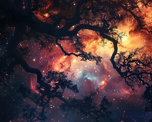 Silhouettes of ancient trees against a starfilled galaxy, evoking a sense of cosmic wilderness