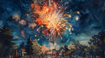 Suburban firework display on the Fourth of July, watercolor, with families gathered on lawns to watch