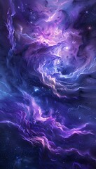 Vibrant nebula clouds with swirls of purple and blue, star clusters twinkling in the depths of space
