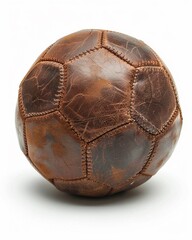 An old, leather soccer ball, classic pattern, on a stark white background