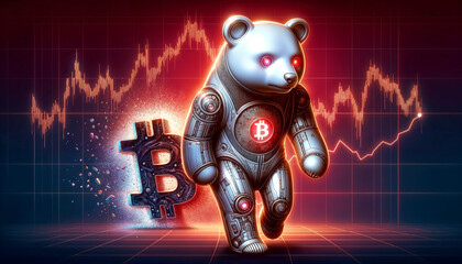  walking robot bear with symbol bitcoin which fall down, abstract red charts background - 790596170