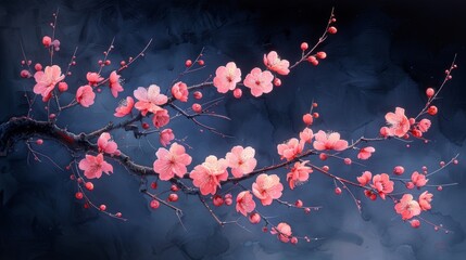 Stunning cherry blossom branch over misty mountain landscape in traditional Asian art style