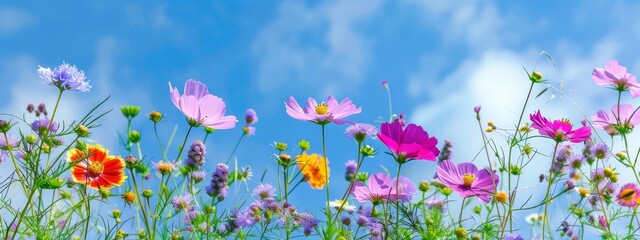 Vibrant, fully blooming wildflowers, including different colored daisies and cosmos set against a clear blue sky.