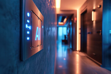 An AI-controlled electrical panel in the hallway of a house. Glowing text AI.