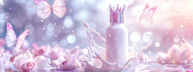cosmetic beauty bottle with a crown on top, milk flows in the backdrop banner, butterflies flying, pink pastel colour scheme,