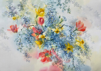 A bouquet of spring flowers watercolor background