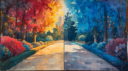 Chromatic Contrast: Watercolor Comparison of Golden Hour Warmth to Blue Hour Coolness