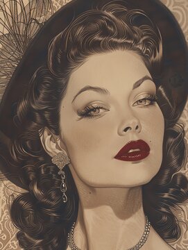 Vintage Hollywood , Old Hollywood glam in sepia with ruby red highlights