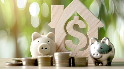 Model house with percentage symbol icon and stack of coins money in piggy bank wood on natural green background,Mortgage rates and Real estate concept