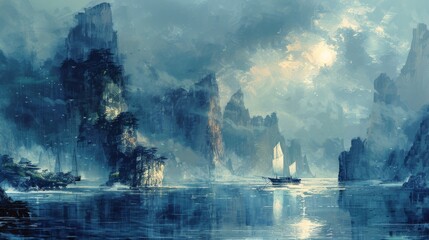Mystical maritime landscape with sailboat navigating through foggy coastal cliffs - obrazy, fototapety, plakaty