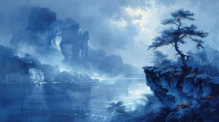 Mystical maritime landscape with sailboat navigating through foggy coastal cliffs - obrazy, fototapety, plakaty