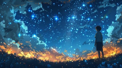 Fototapeta na wymiar Dazzling night sky with constellation patterns and orange nebula accents