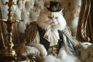 A fluffy, white Persian cat dressed in a dapper, vintage gentlemans suit, complete with a mini top hat and a golden pocket watch, seated on an opulent.