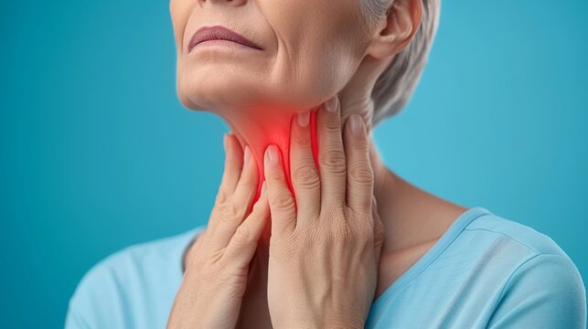 Healthcare, Cold and People Concept. Closeup of unrecognizable sick woman suffering from sore throat, ill lady touching neck with hand, inflamed red zone, banner, panorama, free copy space