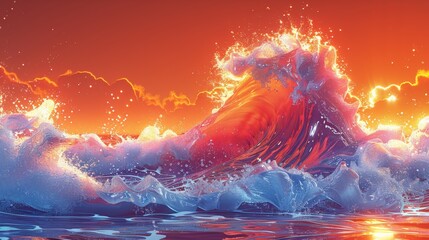 Dynamic ocean waves with fiery sunset, merging art with nature in a stunning display - obrazy, fototapety, plakaty