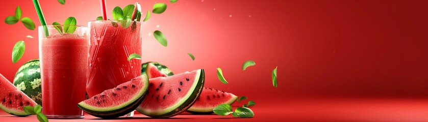 Artistic presentation of watermelon juice with slices on the side, highlighting the natural and juicy texture, bright colors, clean background, Realistic HD characters