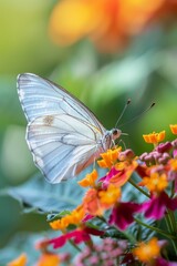 Fototapeta premium Closeup of a butterfly on a brightly blooming summer flower, highlighting the delicate interaction between insect and flora in a vibrant natural setting, bright colors, clean background, Realistic HD 