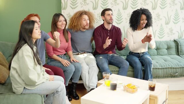 Multiethnic friends talking while a woman arriving with pizzas