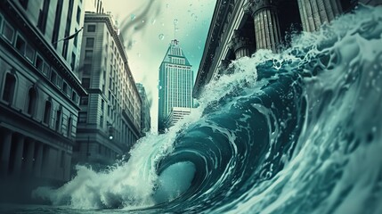 Fintech Disruption: A disruptive wave crashing against traditional banking institutions, symbolizing the transformative impact of financial technology 