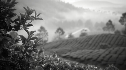 A mesmerizing black and white nature photo captures the serene beauty of Vietnam's Dalat region, with a backdrop of blurred coffee plantations. The monochromatic palette adds a timeless allure  - obrazy, fototapety, plakaty