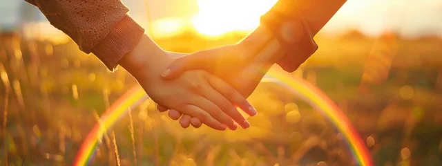 Foto op Plexiglas A rainbow floats over two hands hold together against a hazy backdrop of sunlight and grass. © Image