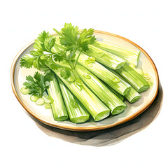 Celery, put in a Modern Ceramic Bowl, vegetable, full body, watercolor illustration, single object, isolate on white background for removing background.