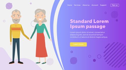 Happy senior couple holding hands. Flat vector illustration. Old man and woman happy together. Retirement, lifestyle, love, family concept for web design, banner, landing page