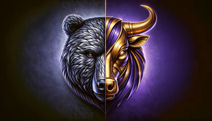 crypto icon half head bear and half head bull in purple and gold colors. - 790598577